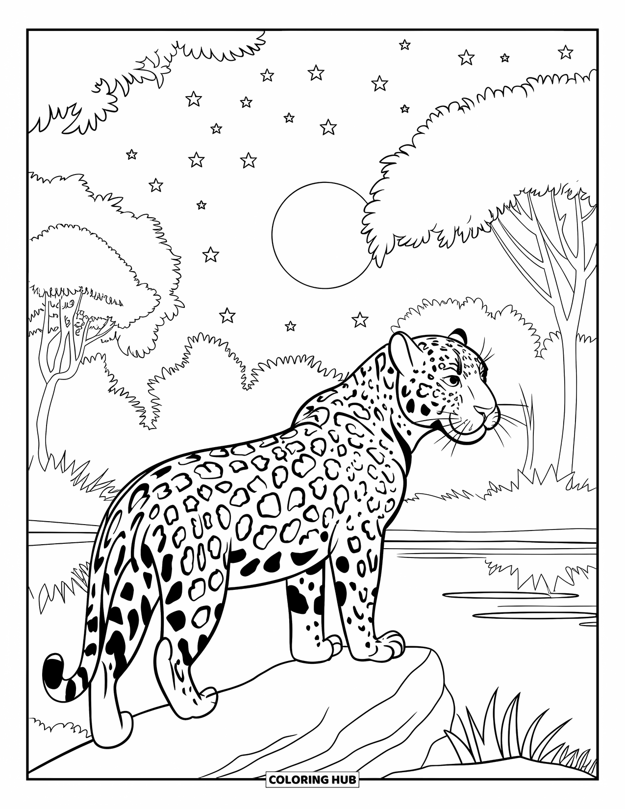 Jaguar Ausmalbild für Kinder: Ein Jaguar beobachtet den Dschungelmondaufgang, der sich in einem ruhigen See spiegelt