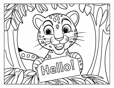Coloriage de jaguar pour enfants : Un jaguar fait signe joyeusement de la main à partir d’un buisson tenant une pancarte qui dit « Bonjour! »