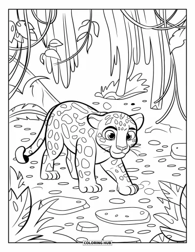 Coloriage de jaguar pour enfants : Un jaguar avec un regard curieux marche sur un sentier de pierre de la jungle sous de grands arbres feuillus