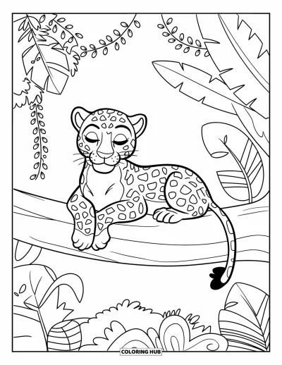 Coloriage de jaguar pour enfants : Un jaguar avec une expression paisible est assis sur une grande branche entourée d’épaisses feuilles de la jungle