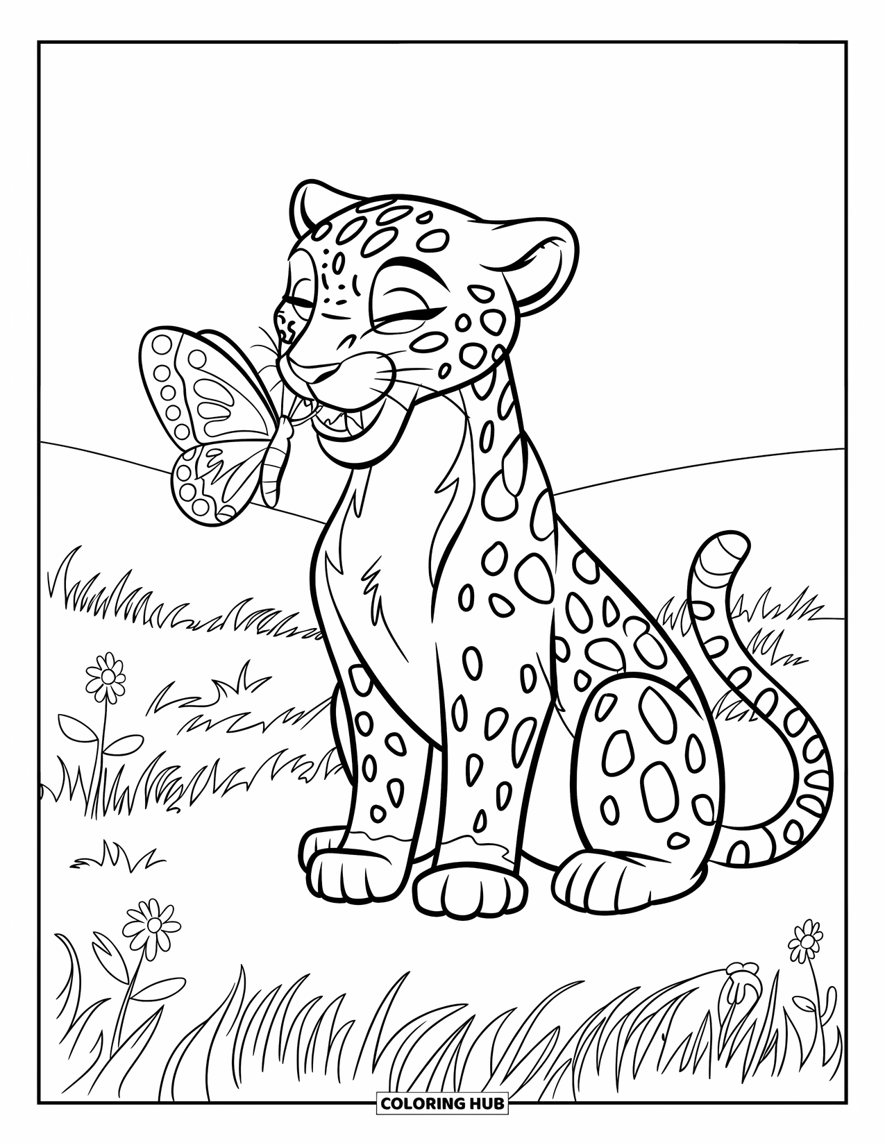 Jaguar Ausmalbild für Kinder: Ein Jaguar mit geschlossenen Augen hält einen Schmetterling auf seiner Nase, während er auf einem Wildblumenfeld sitzt