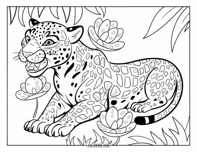 Coloriage de jaguar pour enfants : Un jaguar avec des dents pointues s’étire près des fleurs de la jungle avec des formes de pétales audacieuses
