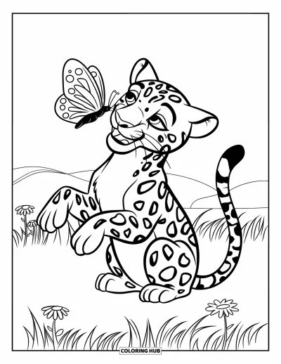 Coloriage de jaguar pour enfants : Un jaguar enjoué est assis avec un papillon sur son nez dans un champ herbeux avec des marguerites