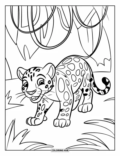 Coloriage de jaguar pour enfants : Un jaguar enjoué marche à quatre pattes sous des vignes suspendues dans une scène de jungle propre