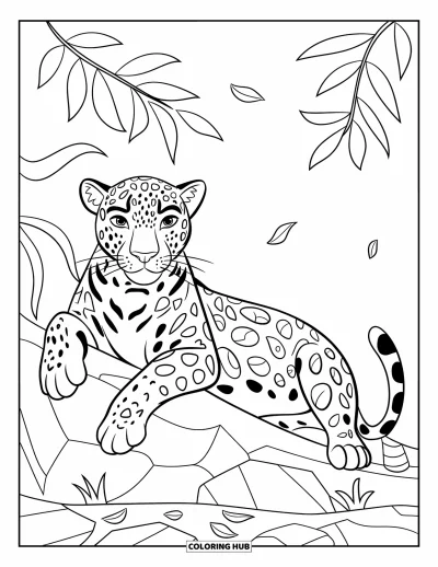 Coloriage de jaguar pour enfants : Un jaguar détendu est allongé sur un rocher avec des contours épais et sans arrière-plan