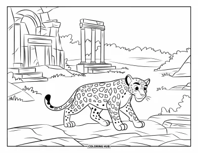 Coloriage de jaguar pour enfants : Un jaguar élégant se tient sur des rochers près d’arches croulantes dans une jungle sauvage