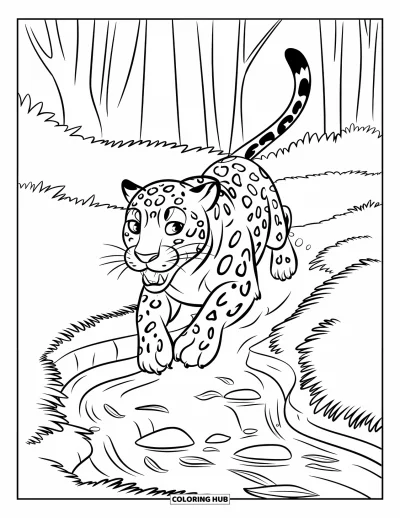 Coloriage de jaguar pour enfants : Un jaguar élégant avec la bouche ouverte saute un ruisseau étroit bordé de roches et de feuilles