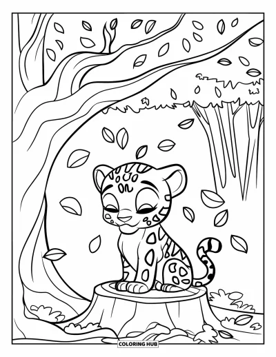Coloriage de jaguar pour enfants : Un bébé jaguar somnolent est assis sur une souche sous un grand arbre aux feuilles qui tombent