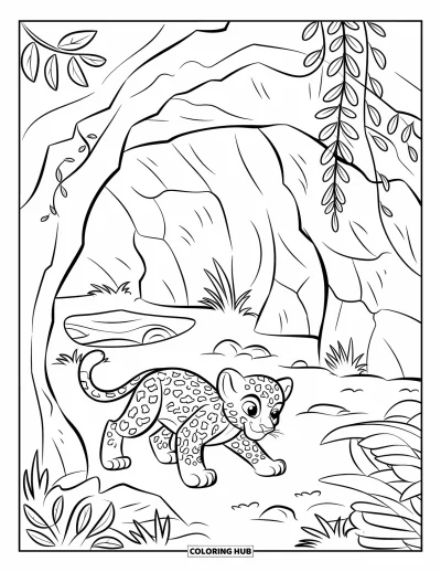 Coloriage de jaguar pour enfants : Un petit lionceau de jaguar pointe le bout du nez à l'entrée d'une grotte entourée de fougères et de bûches