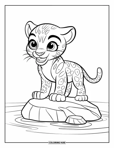 Coloriage de jaguar pour enfants : Un bébé jaguar souriant avec de grands yeux et des dents se tient sur un rocher entouré d’eau