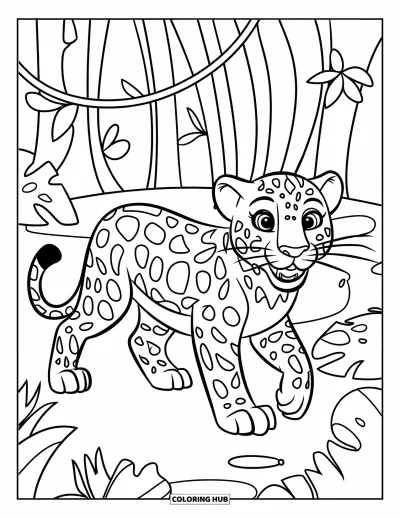 Coloriage de jaguar pour enfants : Un jaguar souriant se promène dans la jungle parmi de grandes lianes et des formes faciles à colorier