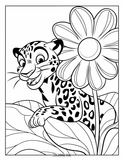 Coloriage de jaguar pour enfants : Un jaguar souriant avec des yeux brillants jette un coup d’œil derrière une fleur rayée dans une scène simple