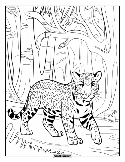 Coloriage de jaguar pour enfants : Un jaguar rayé se pavane à travers une forêt épaisse d’arbres ramifiés