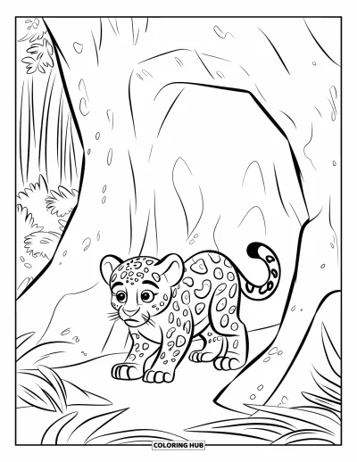 Coloriage de jaguar pour enfants : Un bébé aux yeux écarquillés sort prudemment d’une grotte de la jungle feuillue
