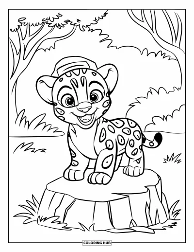 Coloriage de jaguar pour enfants : Un bébé jaguar aux yeux écarquillés avec un petit chapeau sourit sur un rocher forestier parmi les arbres et les plantes