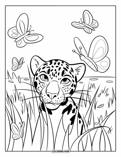 Coloriage de jaguar pour enfants : Un jaguar aux yeux écarquillés regarde à partir de hautes herbes avec des papillons volant autour de sa tête