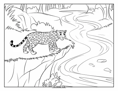 Coloriage de jaguar pour enfants : Un jaguar aux yeux écarquillés se tient sur une falaise rocheuse au-dessus d’une rivière sinueuse