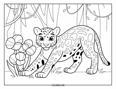 Coloriage de jaguar pour enfants : Un jaguar aux yeux écarquillés se tient debout et s’étire près de grandes fleurs et d’arbres de la jungle