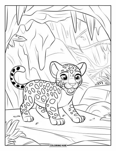 Coloriage de jaguar pour enfants : Un jeune jaguar se tient dans une grotte avec des vignes et des murs rocheux