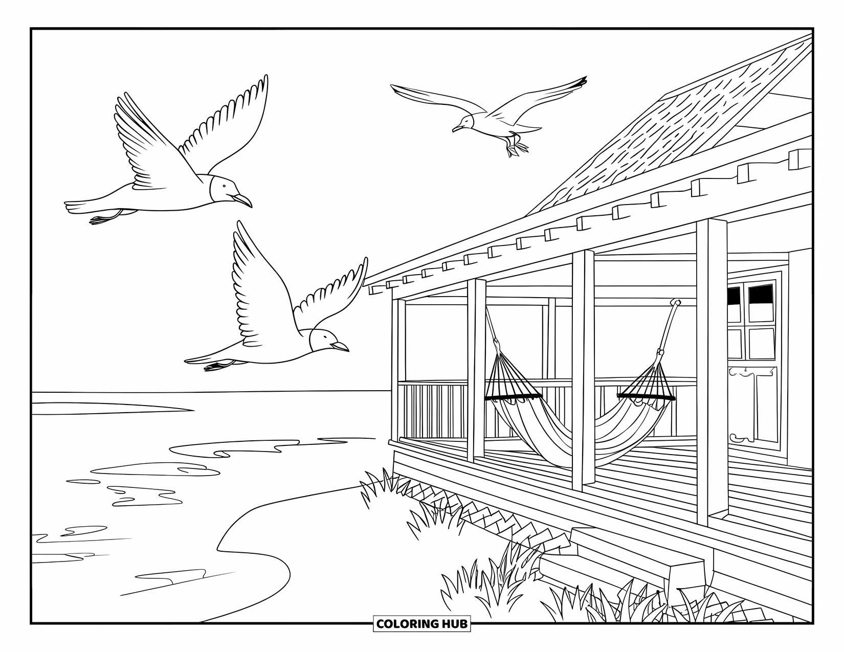 Landscape Coloring Page for Adults: A beach cabin with a porch and hammock looks over the calm tide
