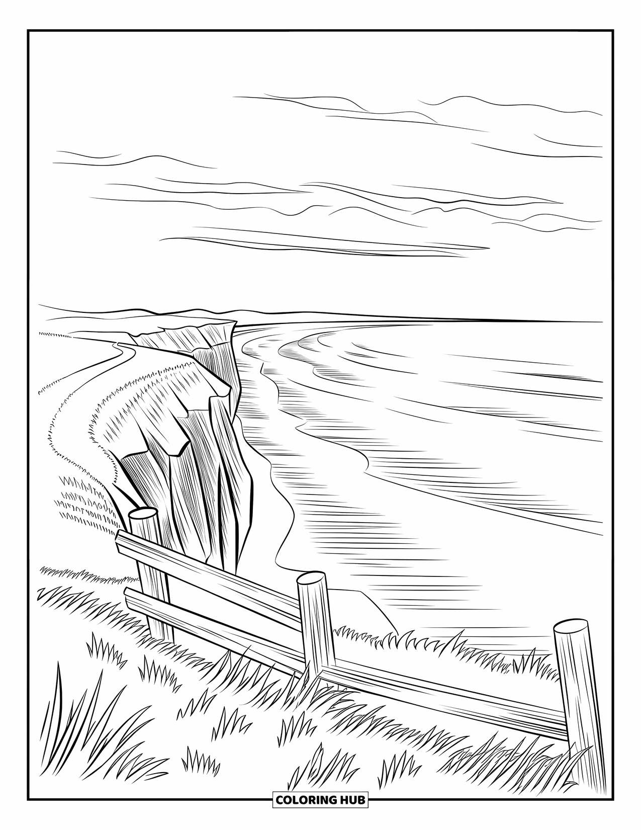 Landscape Coloring Page for Adults: A coastal bluff overlooks calm waves and grassy cliffs with a winding path