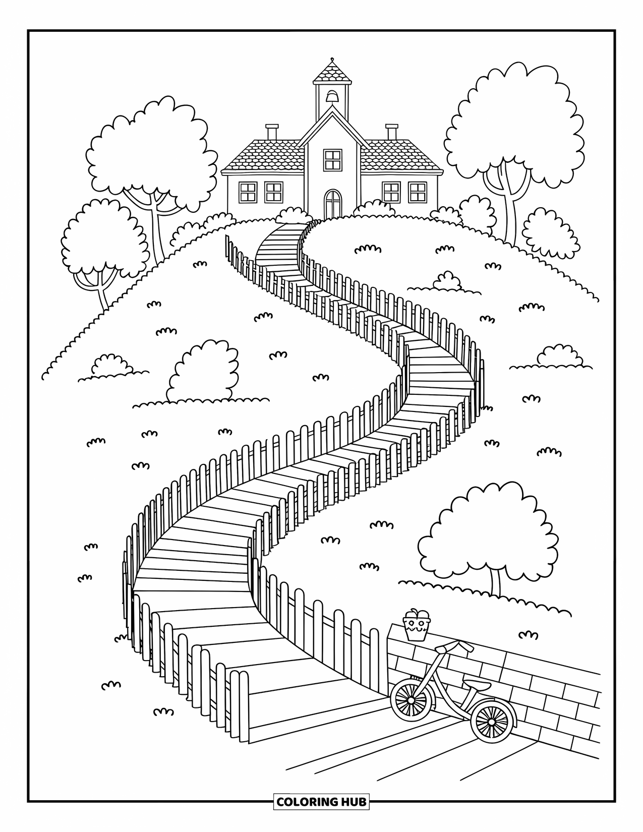 Landscape Coloring Page for Adults: A tiny bicycle waits by fences near a cozy hilltop school