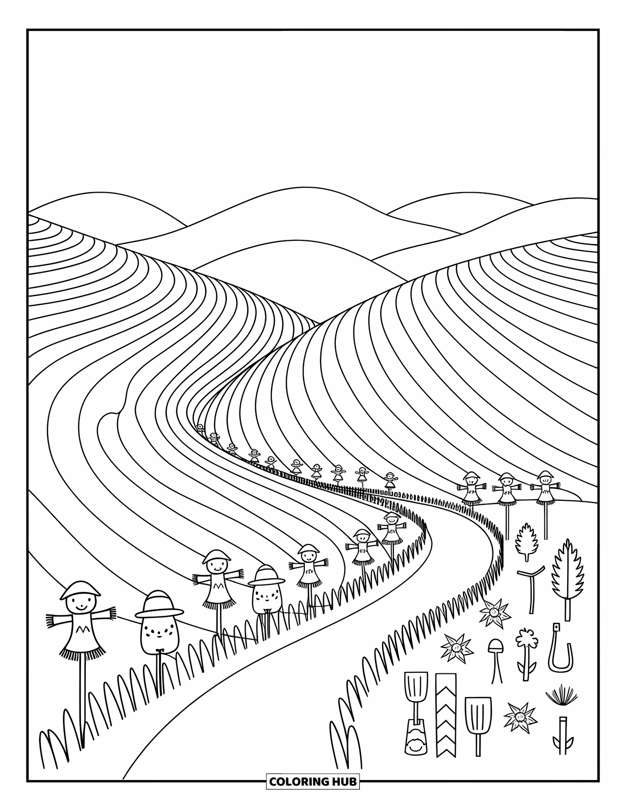 Landscape Coloring Page for Adults: A winding path curves by mirrored fields and cute farm tools