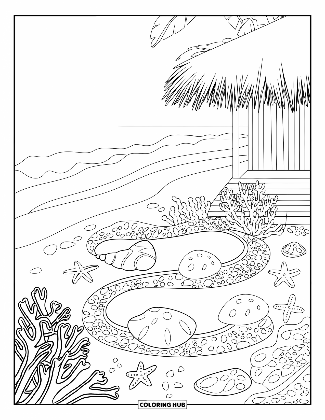 Landscape Coloring Page for Adults: Coral and sand dollars decorate the beach near a cozy wooden hut