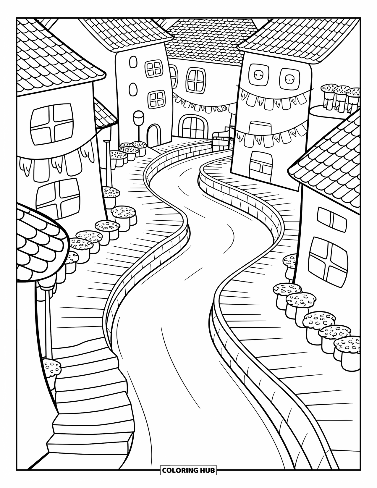 Landscape Coloring Page for Adults: Tiny clothes hang above balconies in a peaceful riverside village
