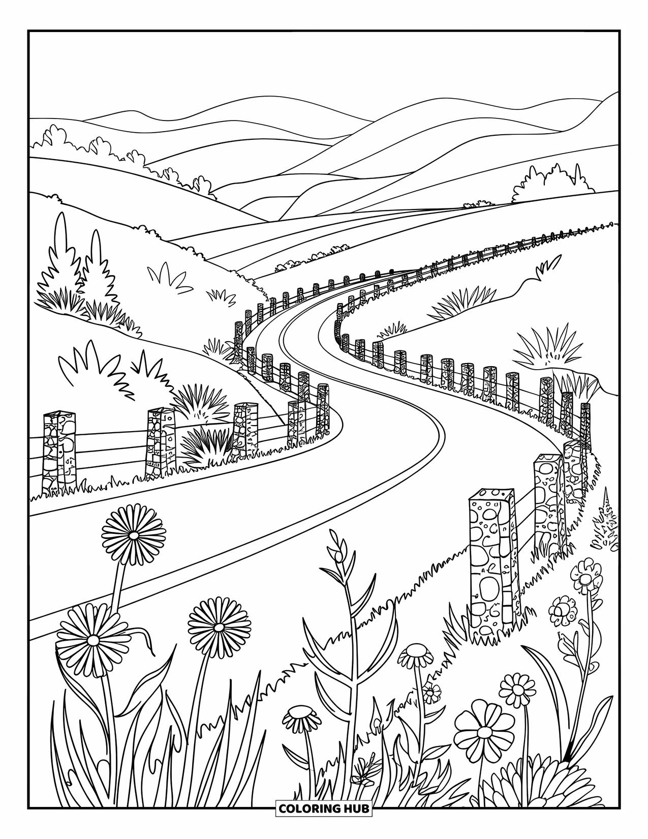 Landscape Coloring Page for Adults: Wildflowers and hills surround a curved road with stone fences