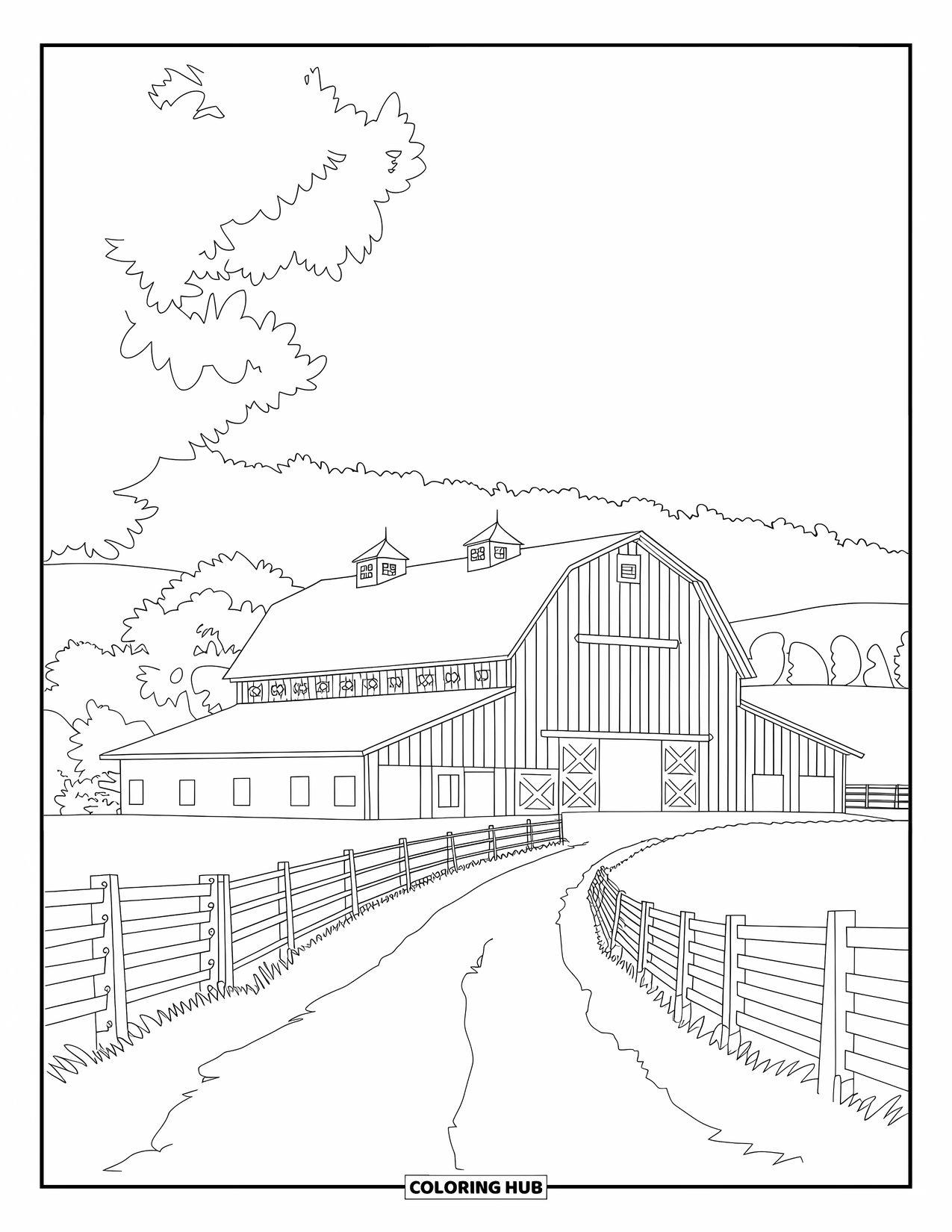 Landscape Coloring Page for Kids: A big barn sits on a farm with trees and a winding path