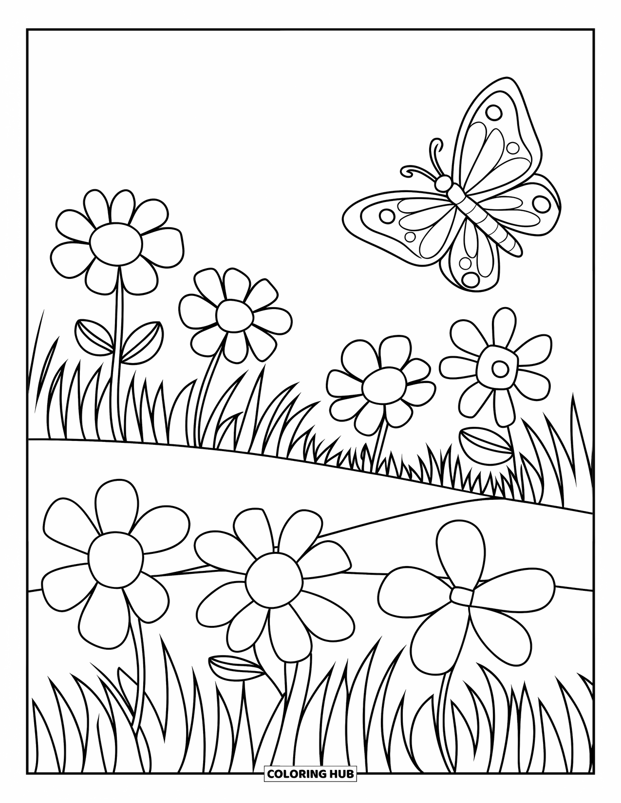Landscape Coloring Page for Kids: A butterfly floats over large flowers in a grassy meadow