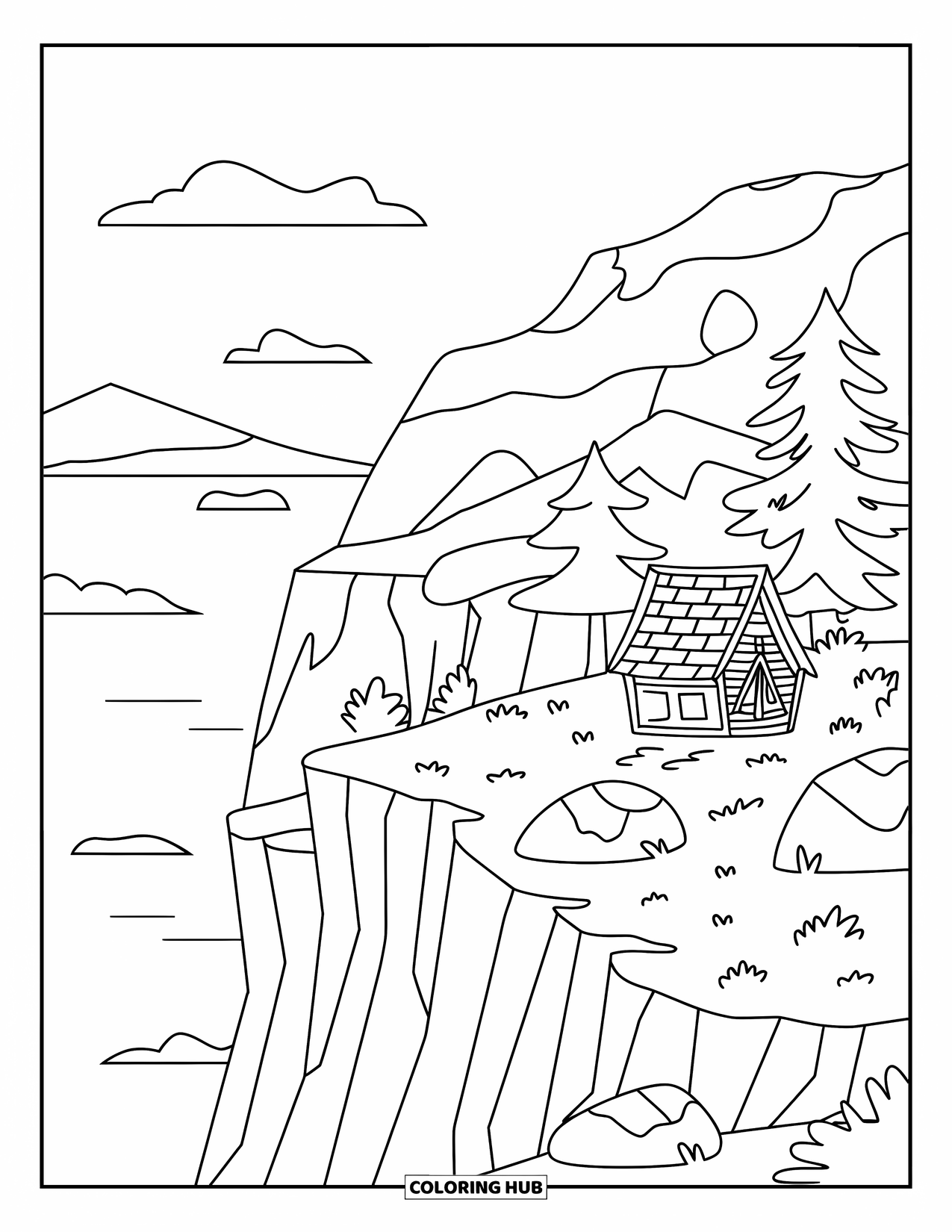 Landscape Coloring Page for Kids: A cozy hut sits on a cliff with mountains in the distance