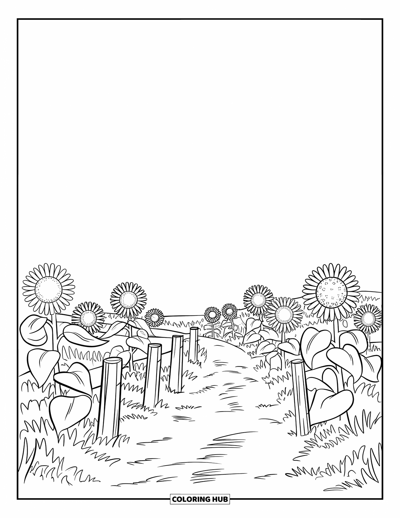 Landscape Coloring Page for Kids: A dirt path winds through sunflower fields and wooden posts