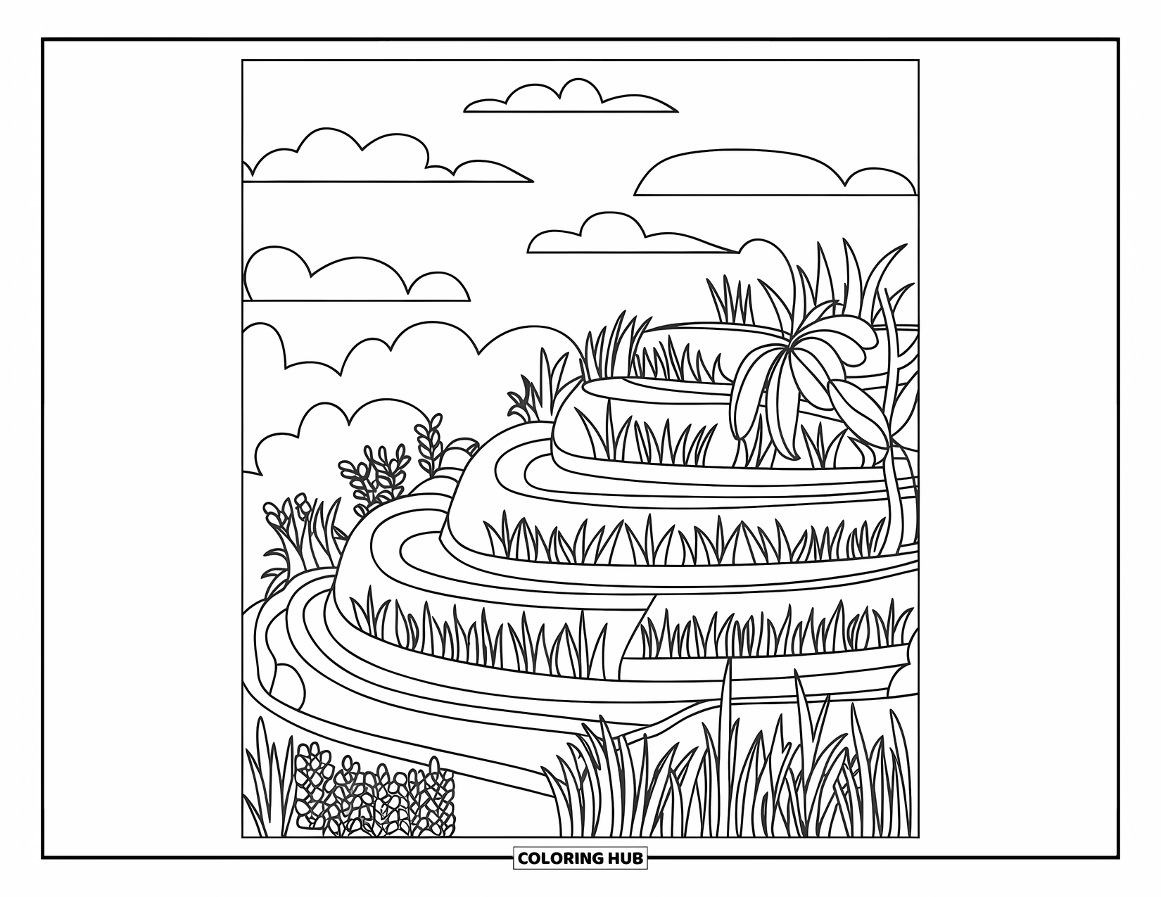 Landscape Coloring Page for Kids: A fluffy-cloud sky overlooks tiered rice terraces with tiny plants