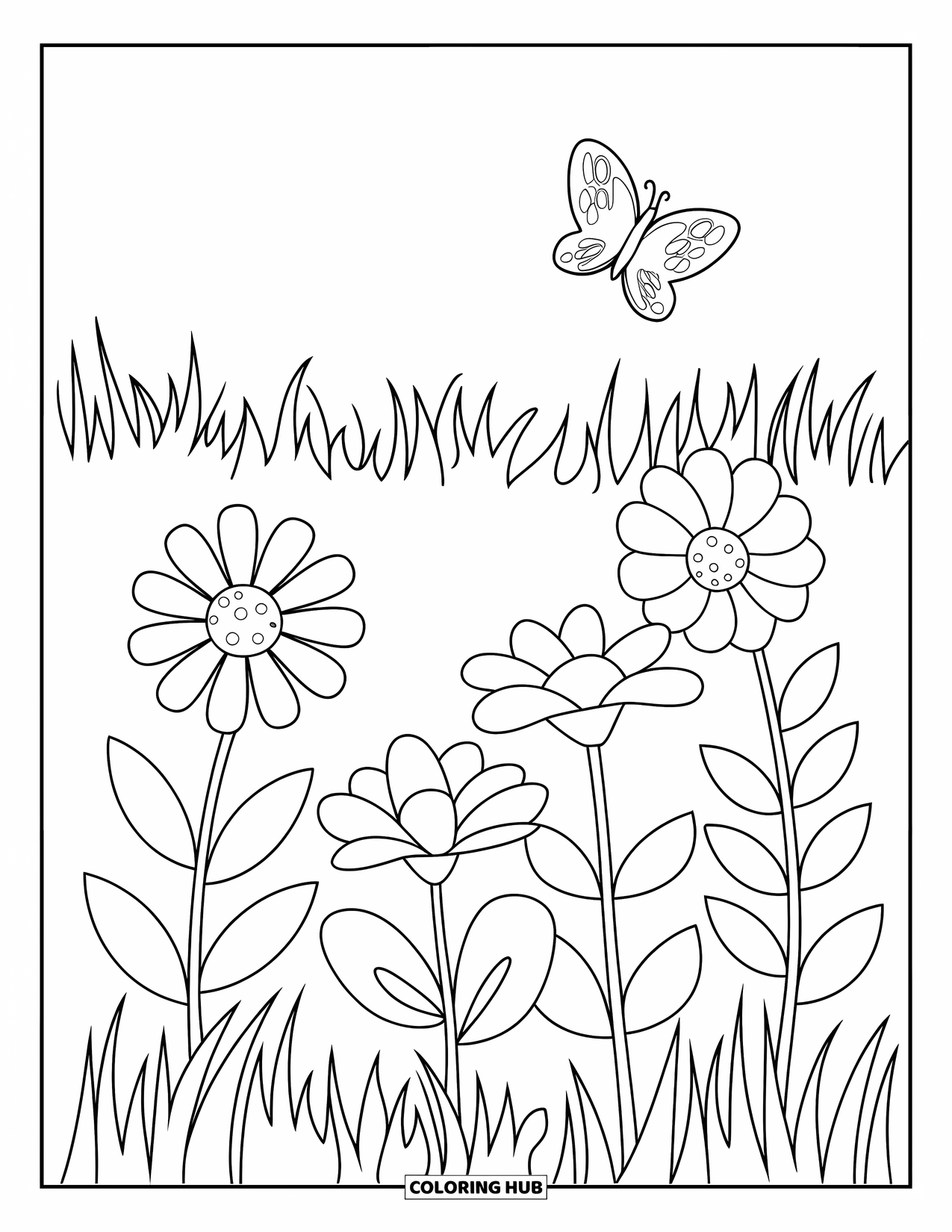 Landscape Coloring Page for Kids: A grassy field is full of big flowers and a flying butterfly