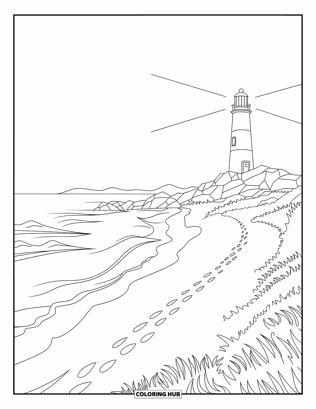 Landscape Coloring Page for Kids: A lighthouse glows on a rocky coast with a winding sand path
