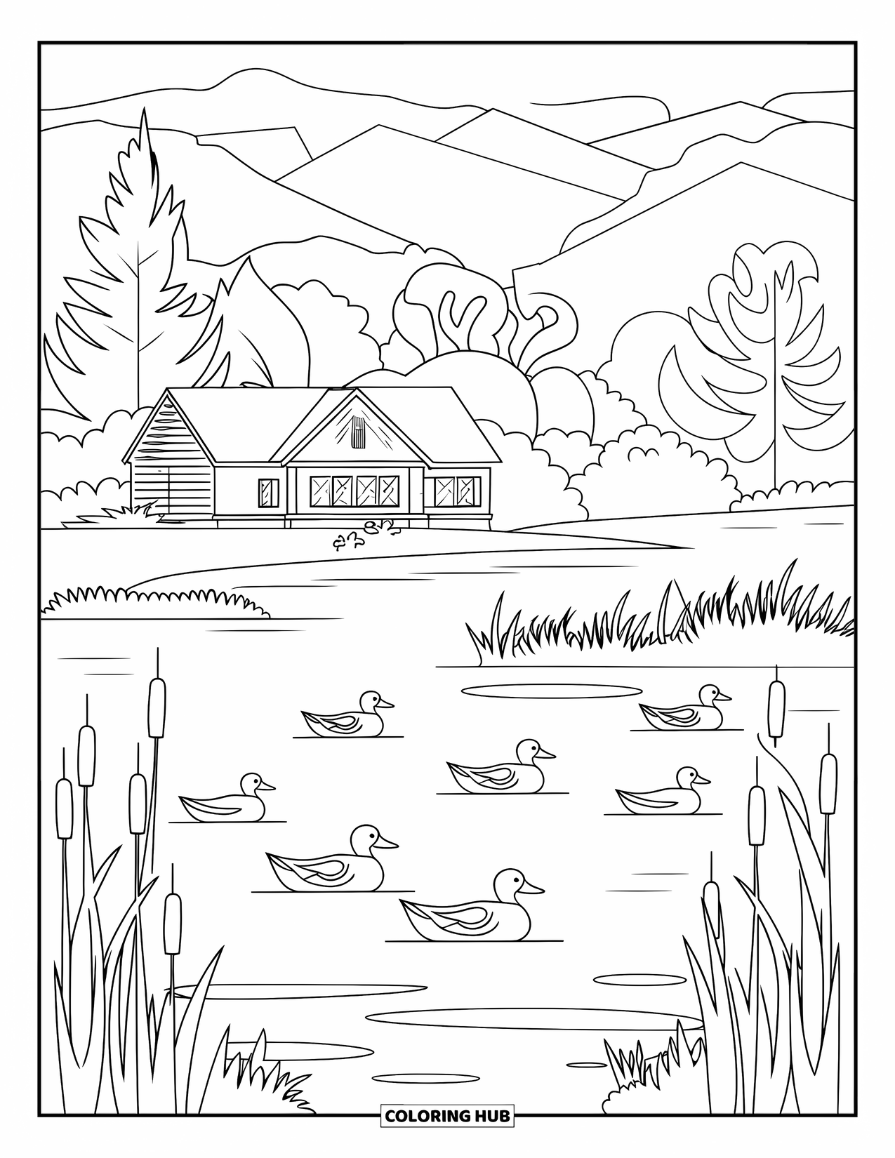 Landscape Coloring Page for Kids: A quiet cottage sits by a lake with ducks and cattails
