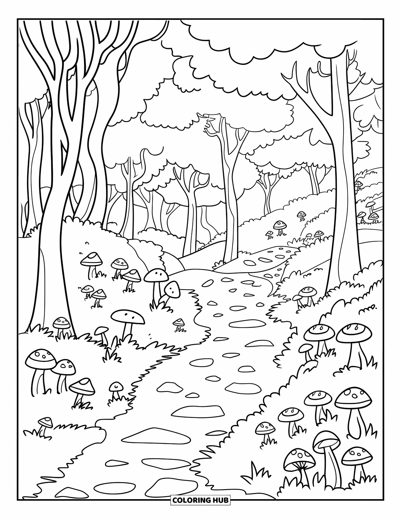 Landscape Coloring Page for Kids: A rocky forest path curves past tall trees and mushrooms