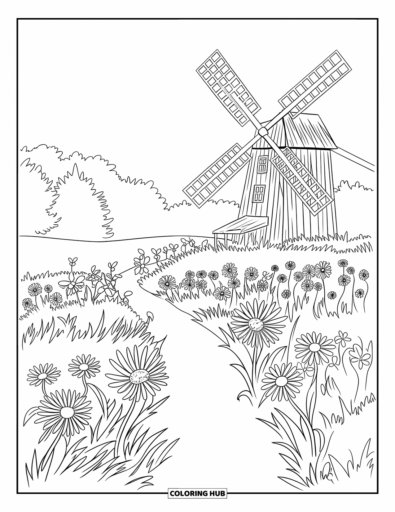 Landscape Coloring Page for Kids: A tall windmill stands among fields of blooming wildflowers