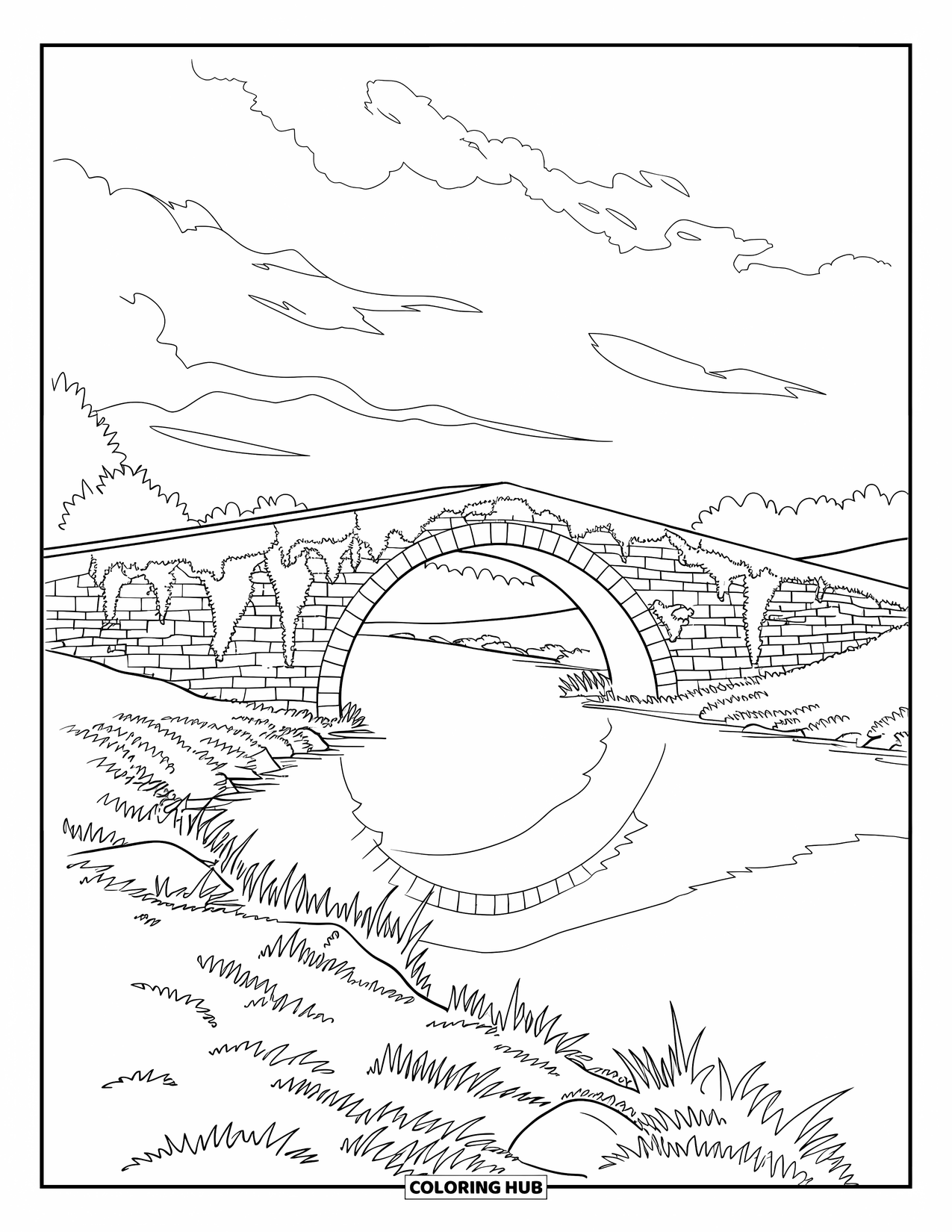 Landscape Coloring Page for Kids: An old stone bridge crosses a calm river under moody clouds