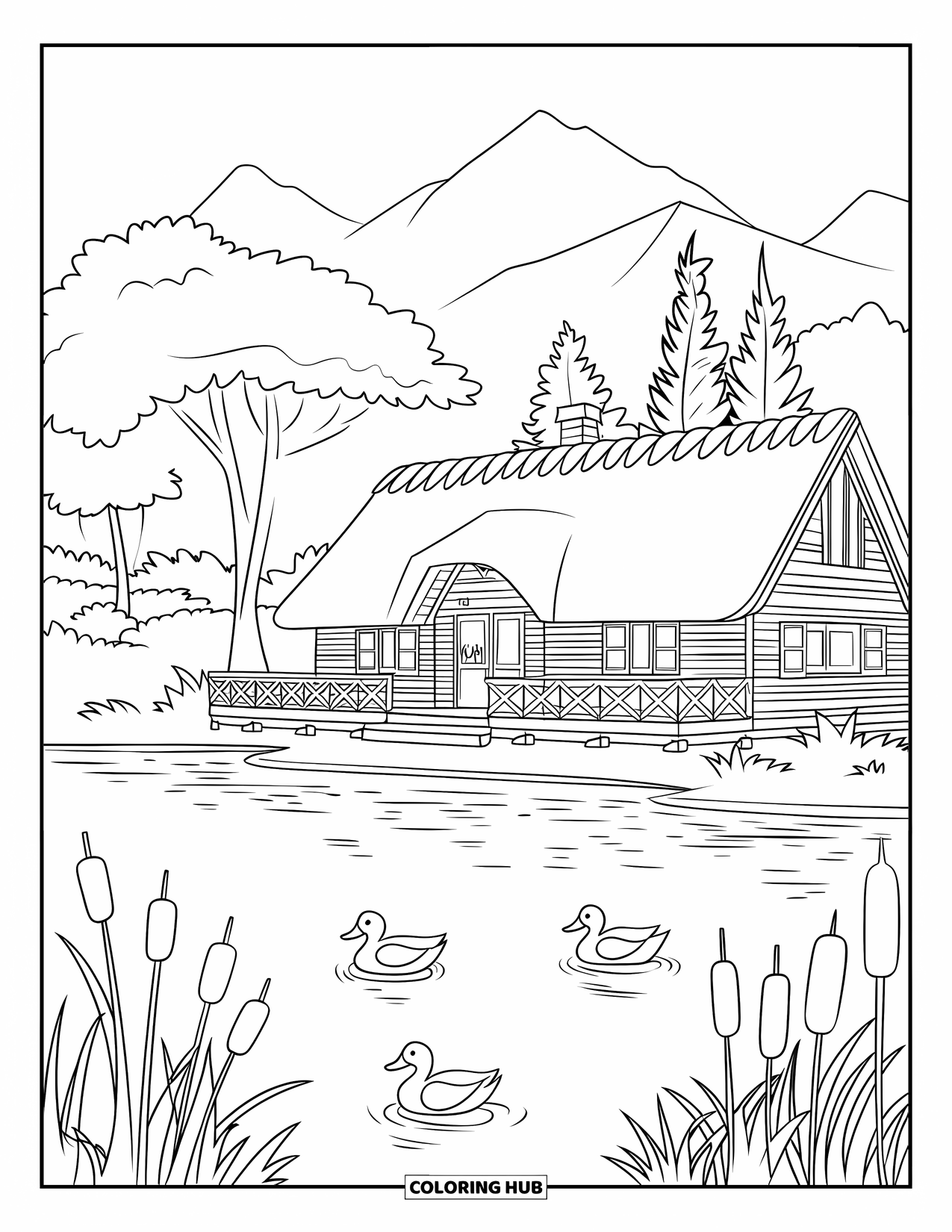 Landscape Coloring Page for Kids: Ducks float near a lakeside cottage surrounded by trees