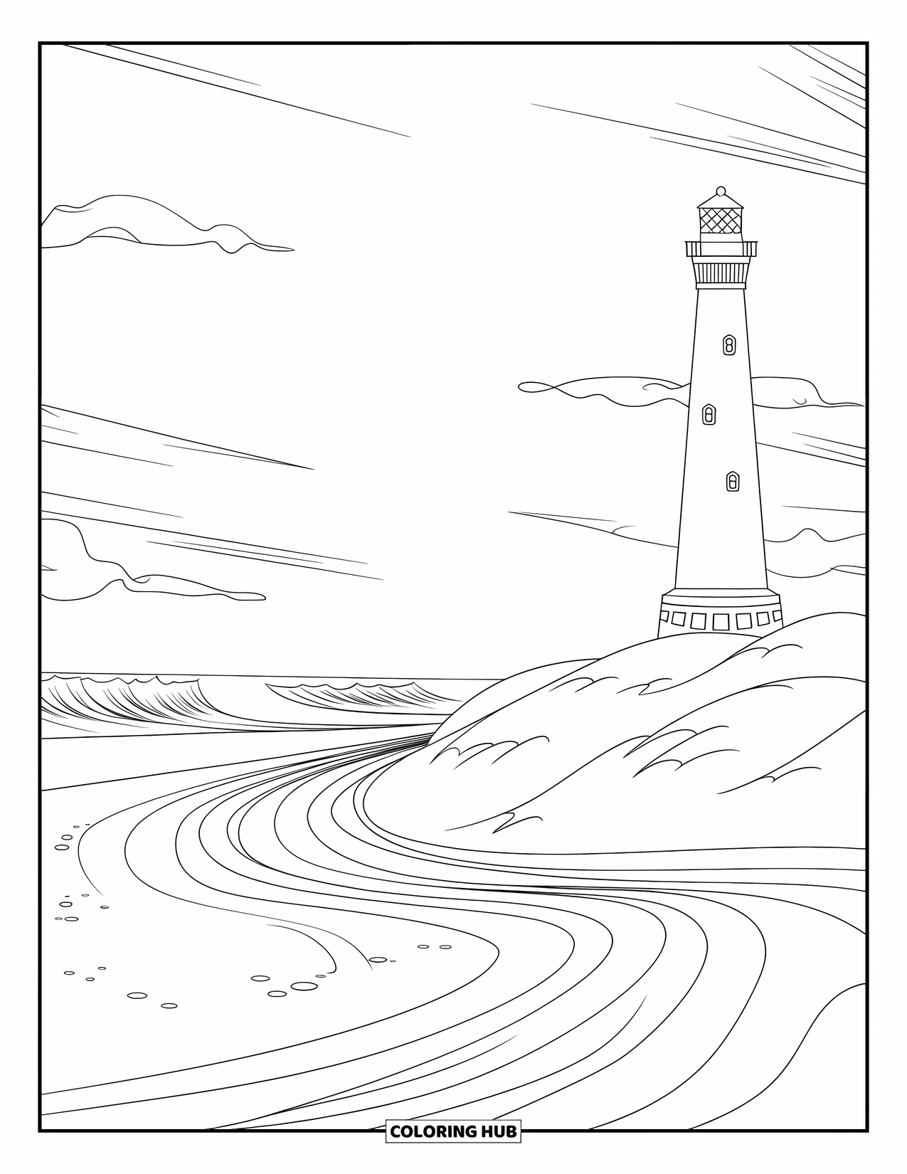 Landscape Coloring Page for Kids: Footprints lead to a lighthouse beside swirling beach sands