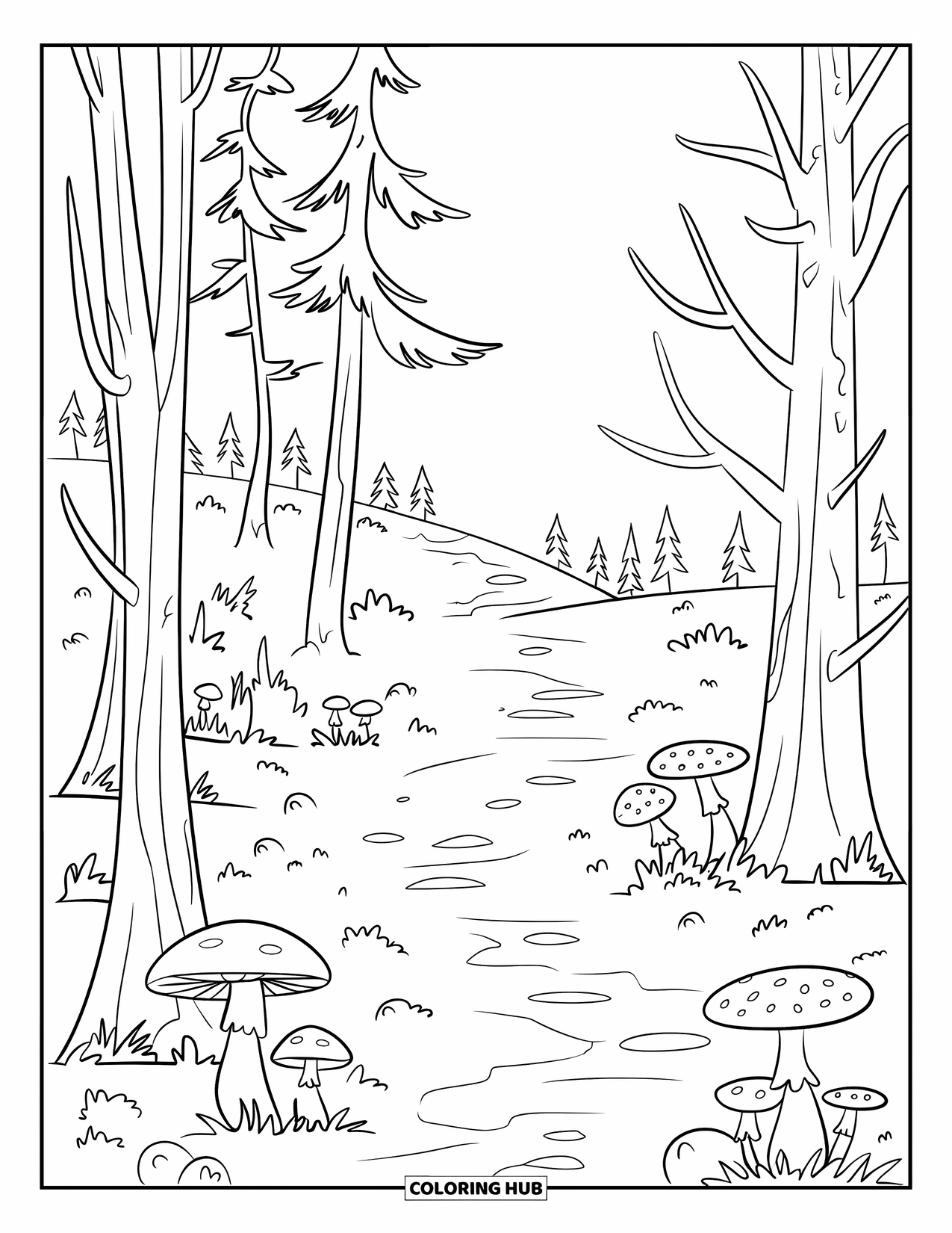 Landscape Coloring Page for Kids: Leaning trees and scattered mushrooms decorate a fun forest path