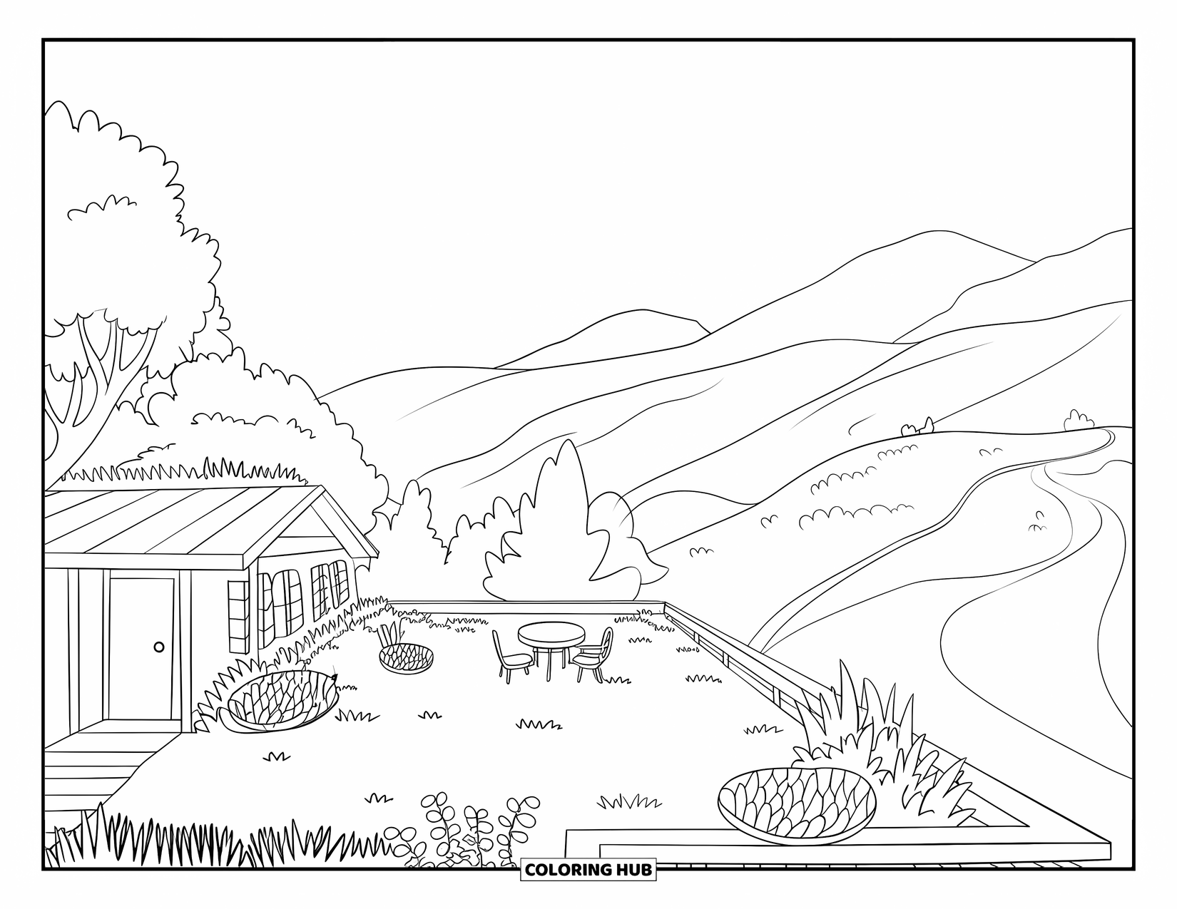 Landscape Coloring Page for Kids: Trees and chairs surround a cabin with a garden on the roof