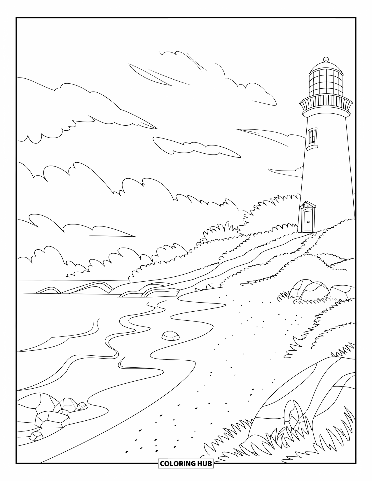Landscape Coloring Page for Kids: Waves and a tall lighthouse greet you along a beach trail