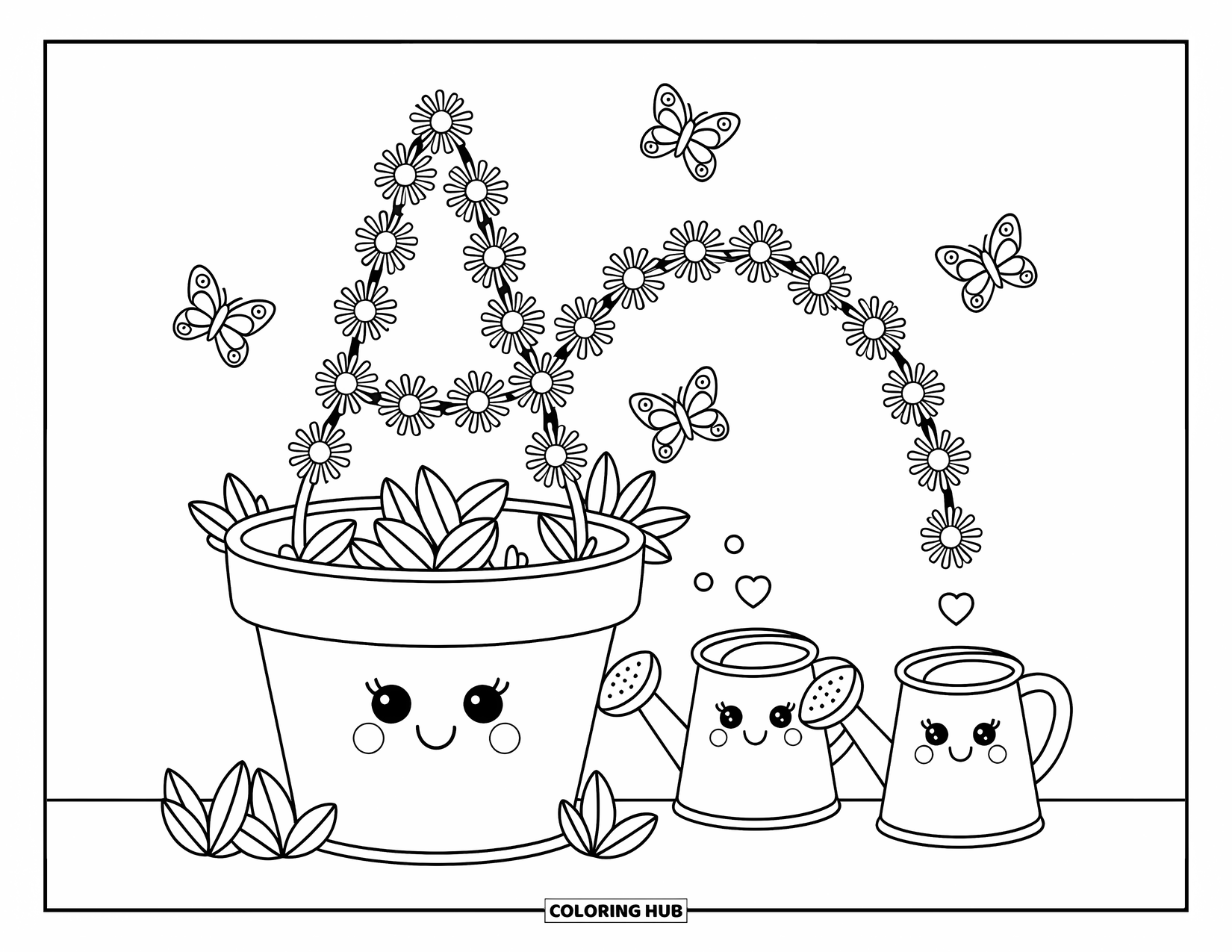 Coloriage de la lettre A pour adultes : A fleurit dans un pot de fleurs entouré de papillons et d'arrosoirs joyeux