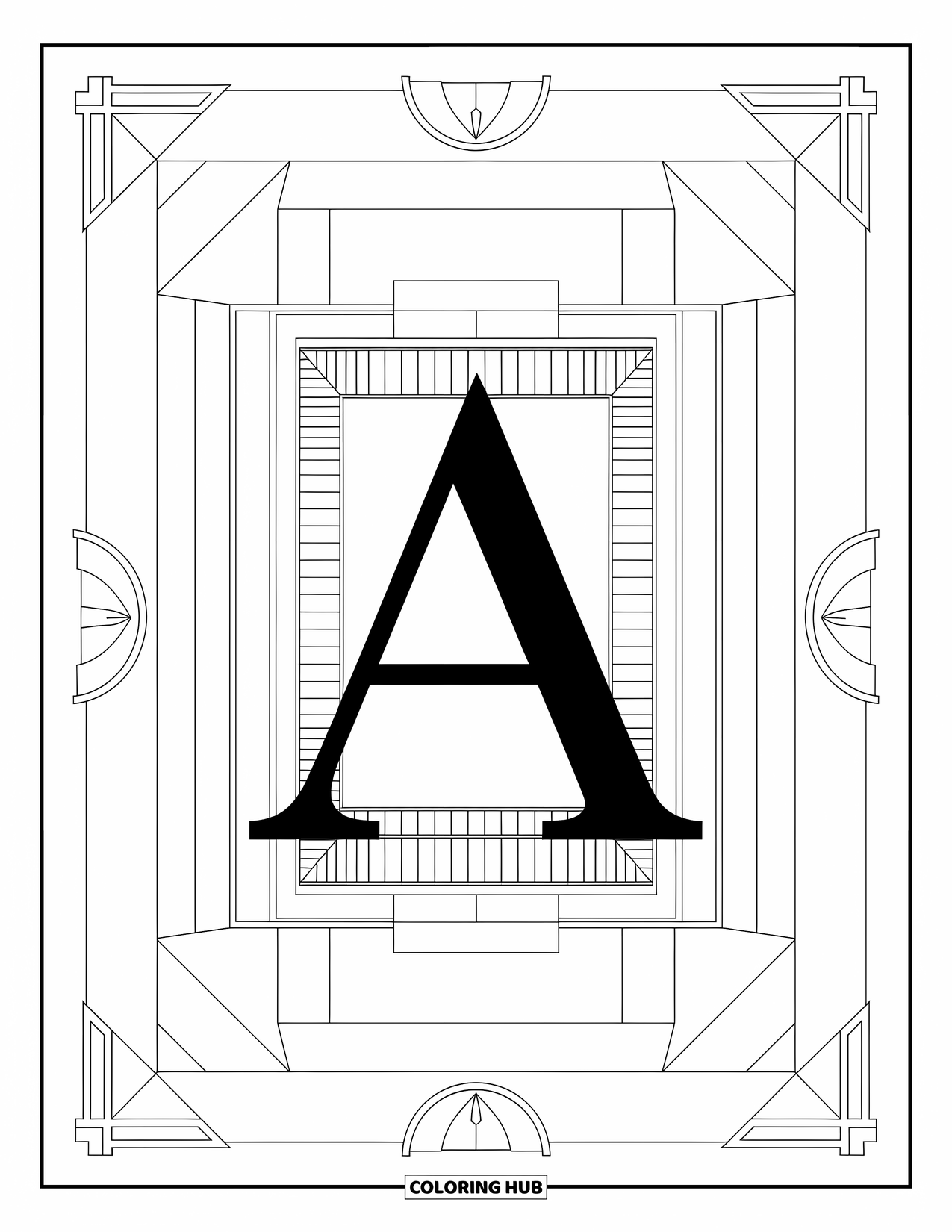 Coloriage de la lettre A pour adultes : Un A se trouve dans un plan architectural entouré de motifs géométriques et de structure artistique