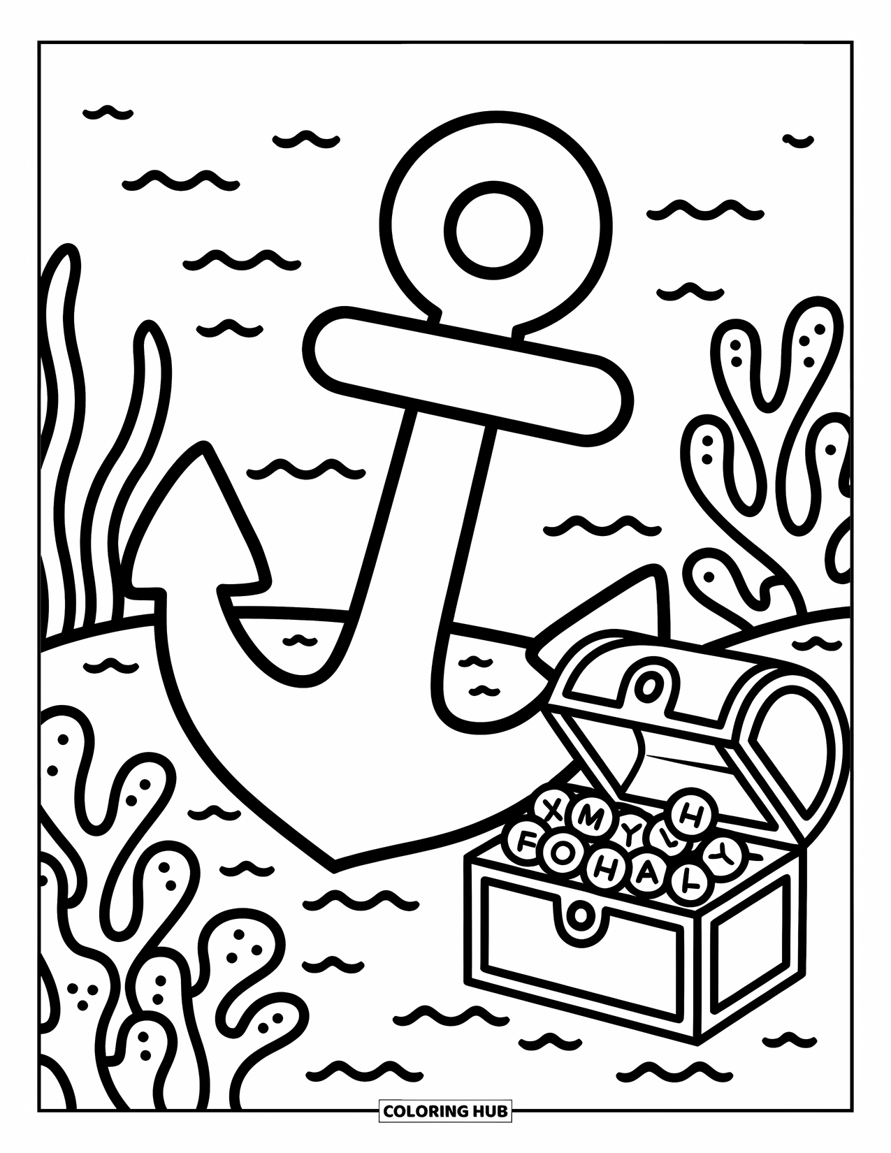 Coloriage de la lettre A pour adultes : Un A en forme d'ancre repose sous la mer avec des coraux pétillants et un coffre au trésor rempli de lettres