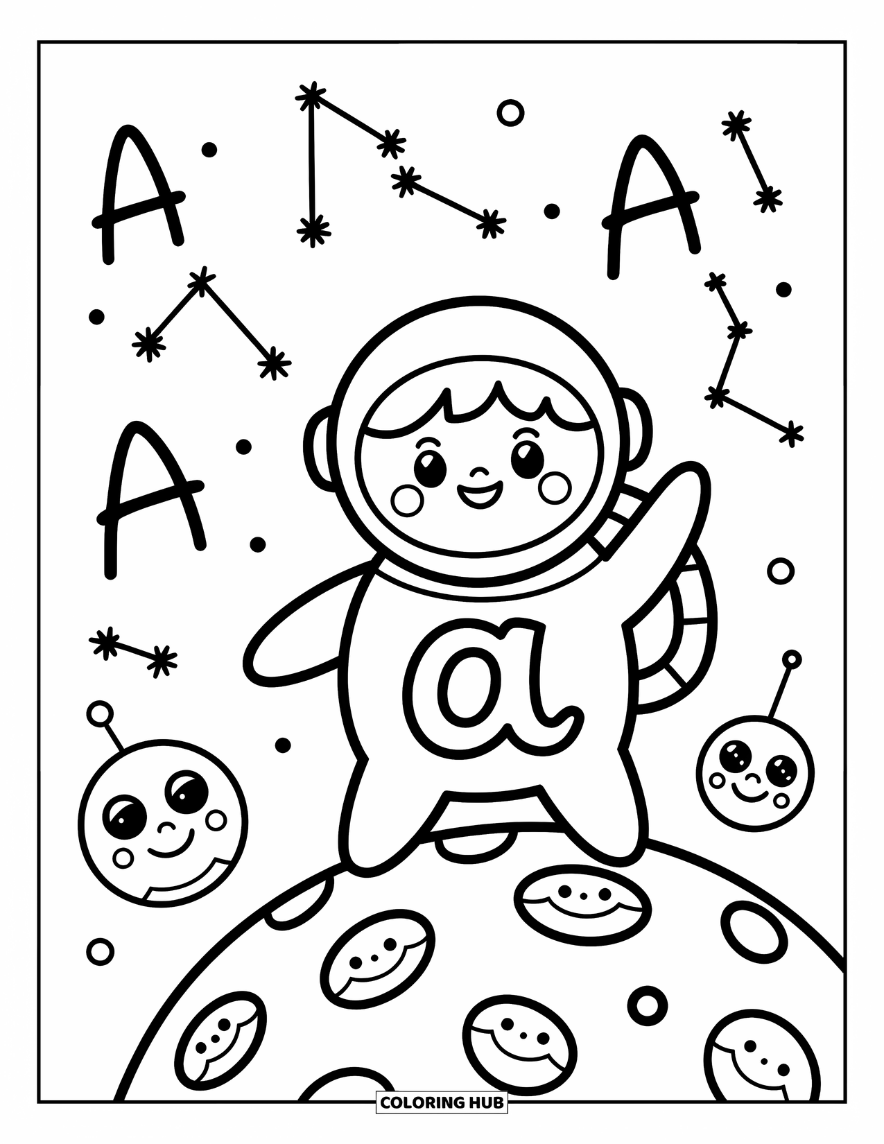 Coloriage Lettre A pour adultes : Un a astronaute explore une planète avec des cratères souriants et un joyeux copain extraterrestre